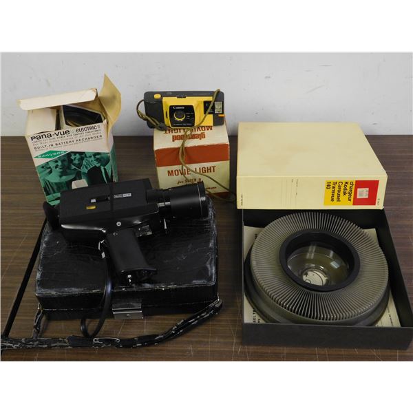 Lot of Assorted Camera Vivitar 98PM, Canon Automatic, Kodak Slide Carousel, Pana-Vue Battery Charger