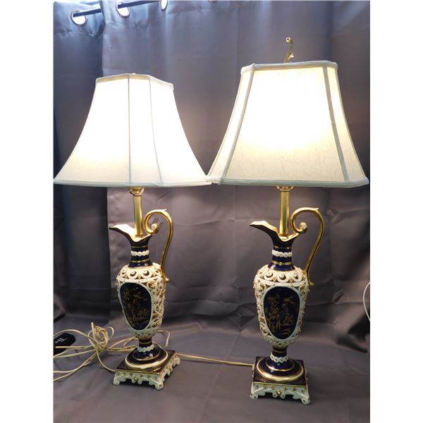 Pair of Vintage Italian Porcelain Ewer Gold & Cobalt Blue Lamps *working*