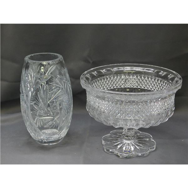 Bohemia Czech Republic Crystal Footed Dish & Crystal Vase (unmarked)