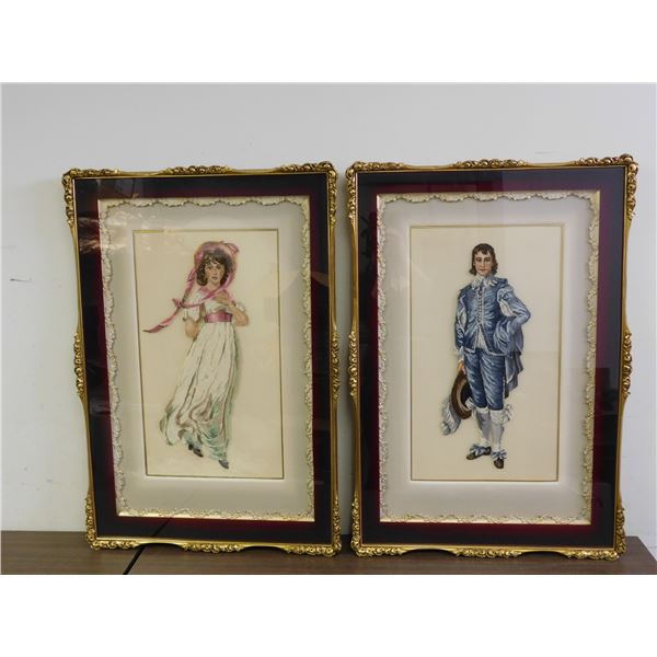 LARGE Pair of Cross-stitch Pink Lady & Blue Boy Professionally Framed Ornate Gold Tone Wall Art