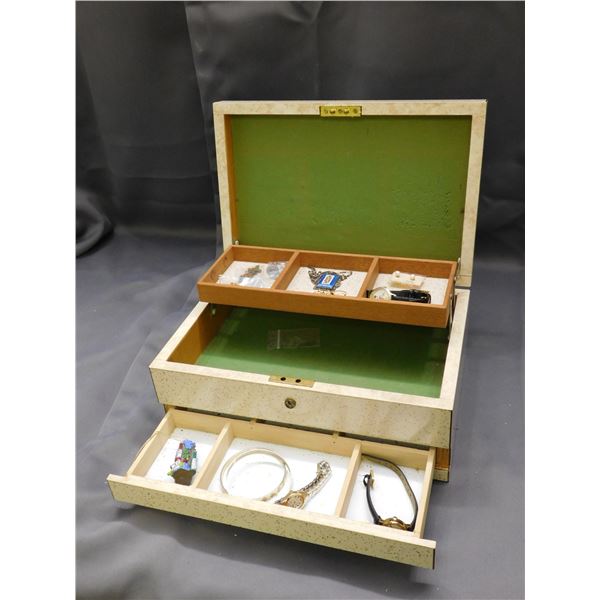 Lot of Misc Jewelry & Watches in Wooden Fold-Up Jewelry Box