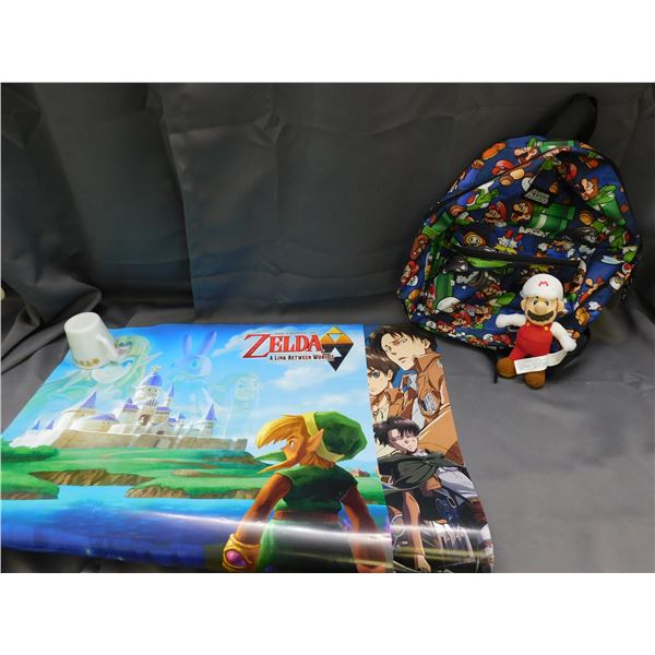 Lot of Super Mario Backpack, Fire Mario Plush, A Link  Between Worlds & Attack on Titan Posters