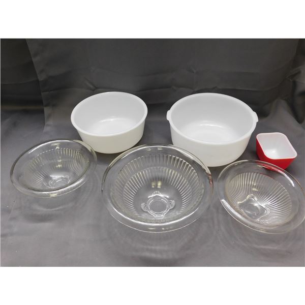 Lot of Glasbake, Clear Glass Mixing Bowls, Pyrex Refrigerator Dish