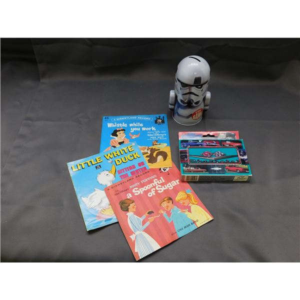 Lot of 5 Misc Star Wars Coin Bank, Chevrolet, 45s Walt Disney Kids Records