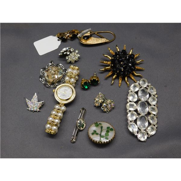 Lot of Assorted Costume Jewelry Pins, Clip on Earrings, Stud Earrings, Watch, Etc