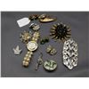 Image 1 : Lot of Assorted Costume Jewelry Pins, Clip on Earrings, Stud Earrings, Watch, Etc