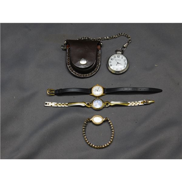 Lot of 4 Alpine Pocket Watch w Leather Pouch, Timex Quarts Watch, Jessica Watch, Lady Mitchell