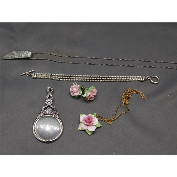 Lot of 5 Pcs Floral Ceramic Earrings & Pendant Necklace, Bracelet, Necklace & Magnifying Glass