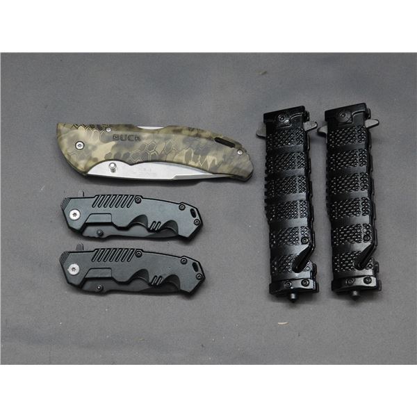 Lot of 5 Folding Hunting / Pocket Knives Buck Camo Print, Black Tac Force Lock Back