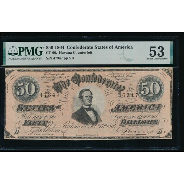 1864 $50 CT-66 Confederate PMG 53
