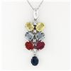 Image 2 : 14K White Gold 3.54 ctw Multi-Color Sapphire & Diamond Dangle Pendant Necklace