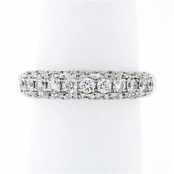 Fancy 18K White Gold 1.15 ctw Round Pave Diamond 4.75mm Domed Wedding Band Ring