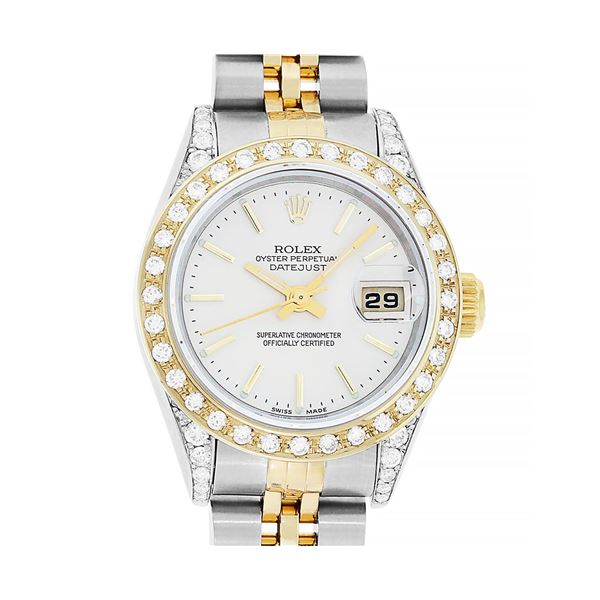 Rolex Ladies Quickset 2T 18K & Steel Silver Index Dial Diamond Lugs 26MM Wristwa