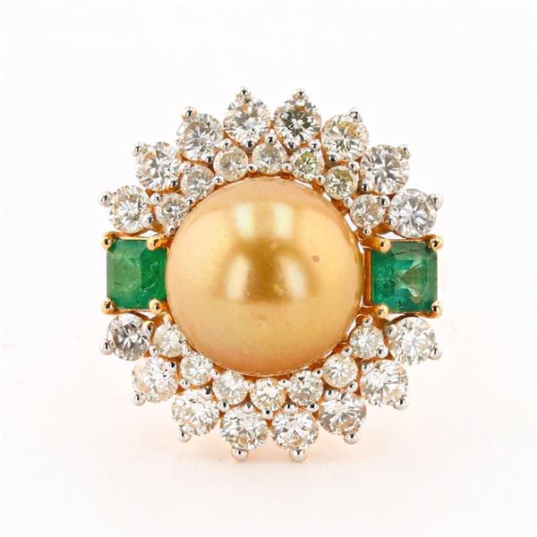 11mm GOLDEN South Sea Pearl, 0.62 ctw Emerald and 1.83 ctw Diamond 18K Yellow Go