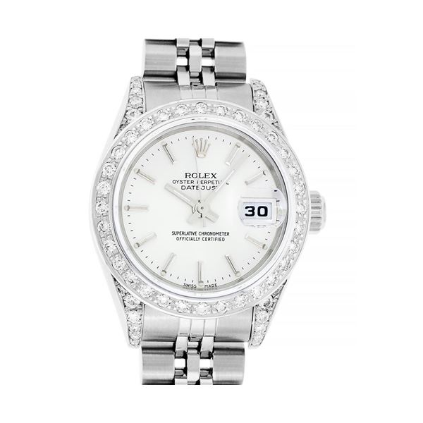 Rolex Ladies Quickset Stainless Steel Silver Index 18K White Gold Diamond Bezel