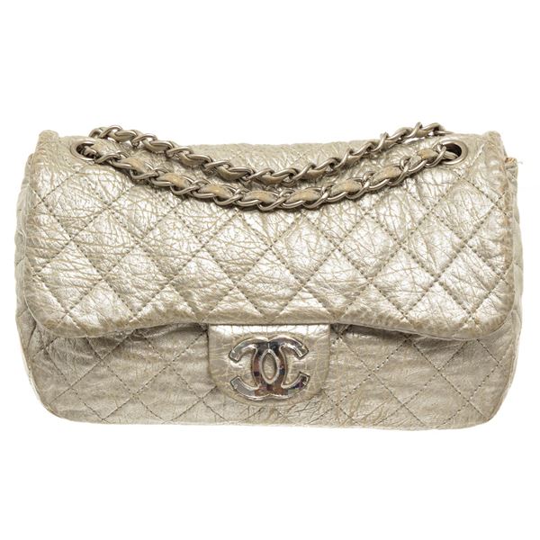 Chanel Silver Crinkle Flap Shoulder Bag