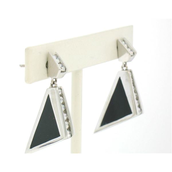 Geometric 18K White Gold Graduated Diamond Black Onyx Inlay Dangle Earrings