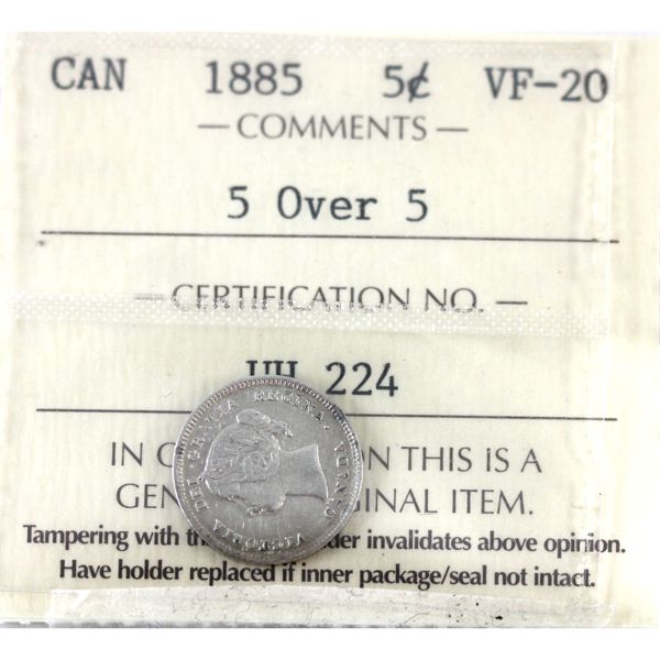 5-cent 1885 5 Over 5 ICCS VF20