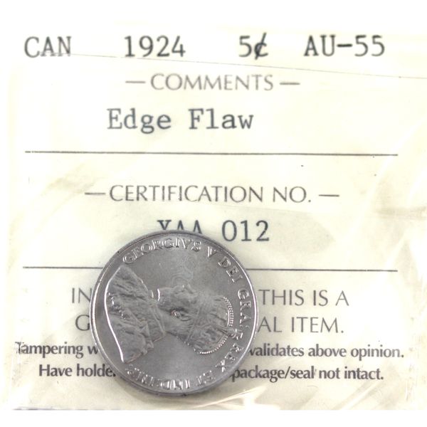 5-cent 1924 ICCS AU55 (Edge Flaw)