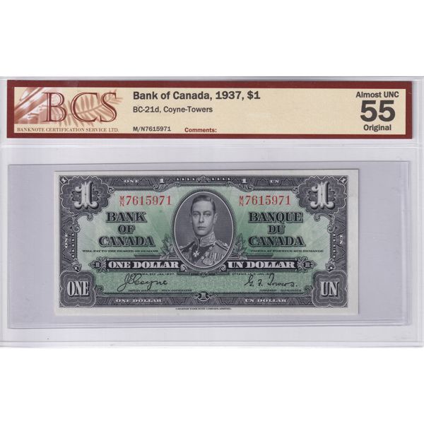 BC-21d 1937 $1 BCS AU55 Original Coyne-Towers SN: M/N7615971