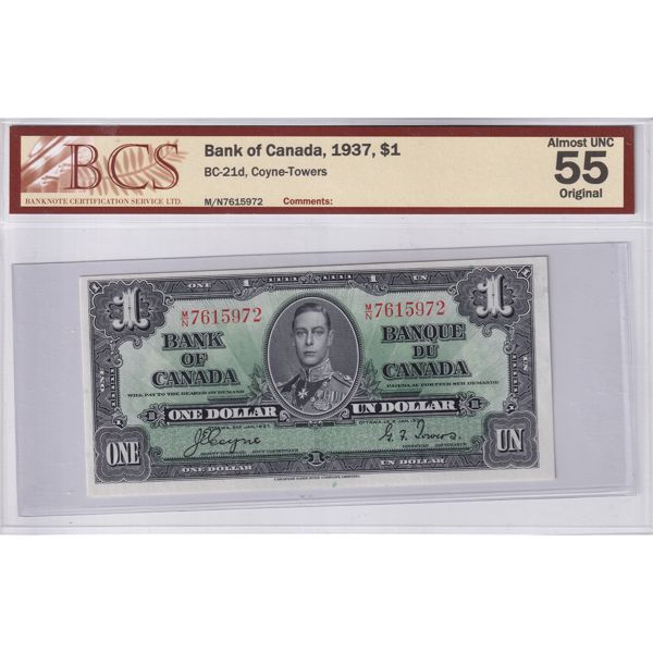 BC-21d 1937 $1 BCS AU55 Original Coyne-Towers SN: M/N7615972