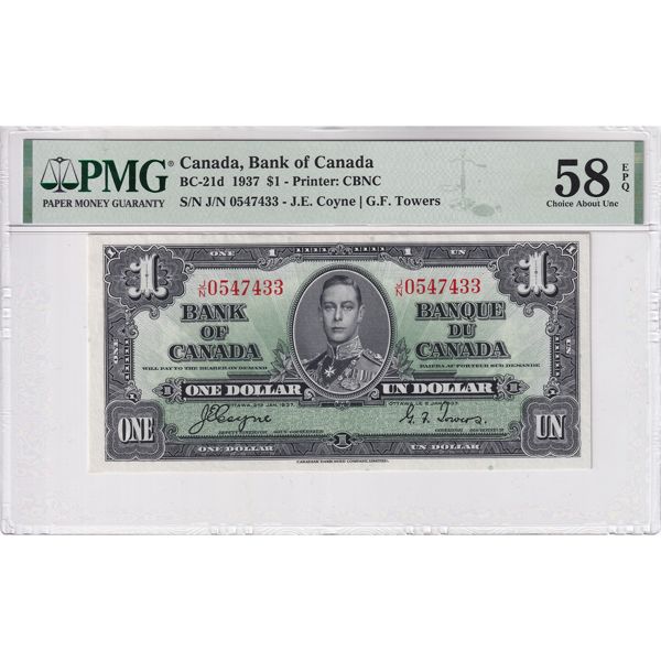 BC-21d 1937 $1 PMG AU58 EPQ Coyne-Towers SN: J/N0547433