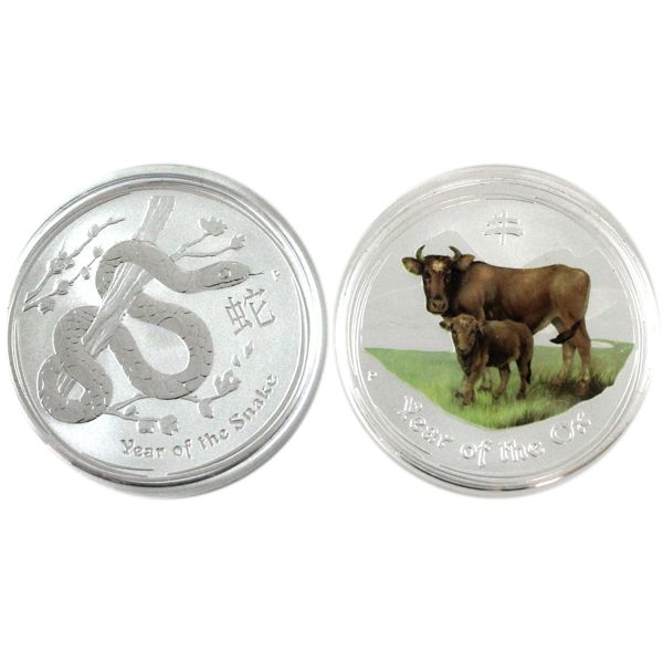2x 1/2oz Australia Lunar 2009 Year of the Ox Coloured & 2013 Year of the Snake .999 Silver Coins