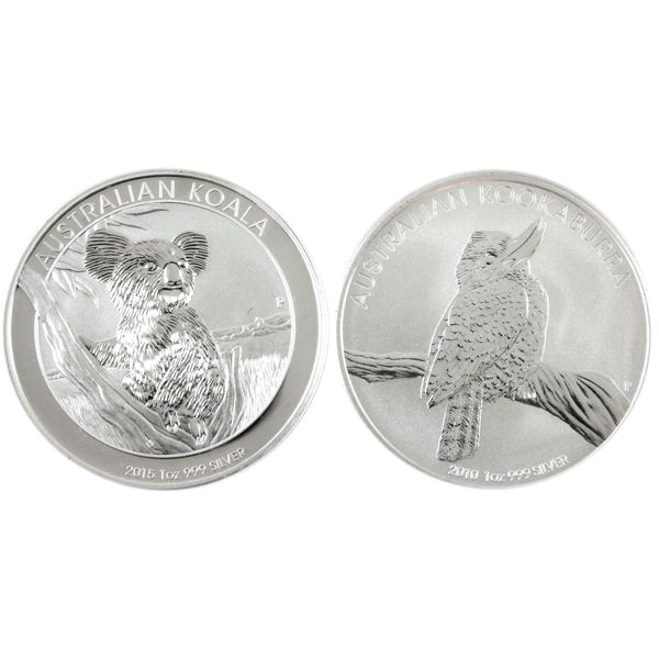 2x 1oz Australia 2010 Kookaburra & 2015 Koala .999 Fine Silver Coins. 2pcs (Tax Exempt)