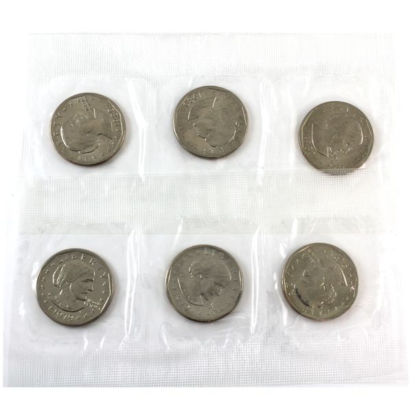 USA Silver 1979 & 1980 Susan B. Anthony Dollars In Sealed Pliofilm Plastic. 6pcs