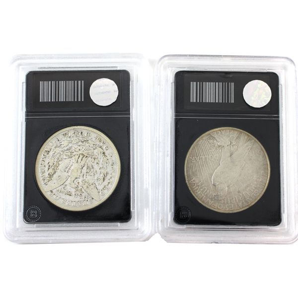 USA Silver 1884 Morgan Dollar & 1924 Peace Dollar in Bradford Exchange Mint Holders. 