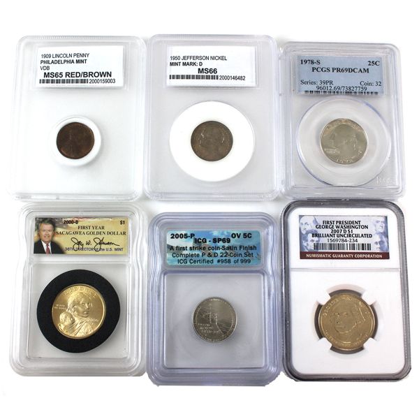 USA 1909-2007 1-cent, 5-cent, 25-cent, & $1. MS65 to BU. 6pcs. 