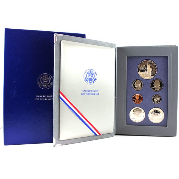USA 1986 100th Anniversary of The Statue of Liberty 7 Coin Proof Set with Ellis Island Dollar. 
