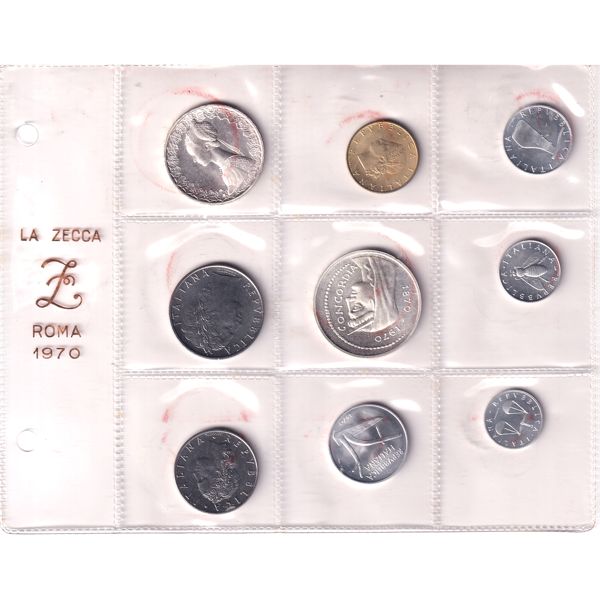 Italy 1970 La Zecca Roma 9 Coin Set In Sealed Plastic Sheet. 