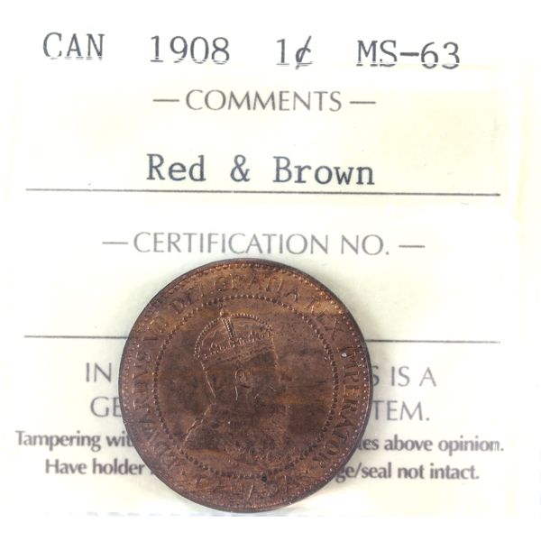 1-cent 1908 ICCS MS63 RD & BN 