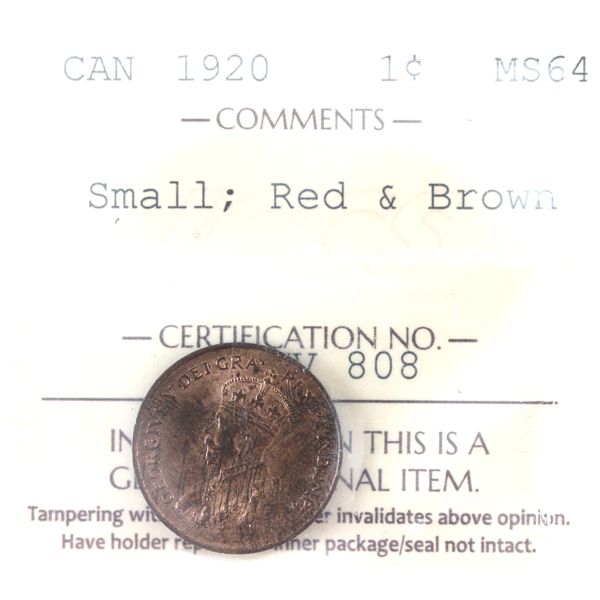 1-cent 1920 Small ICCS MS64 RD & BN