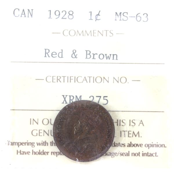 1-cent 1928 ICCS MS63 RD & BN