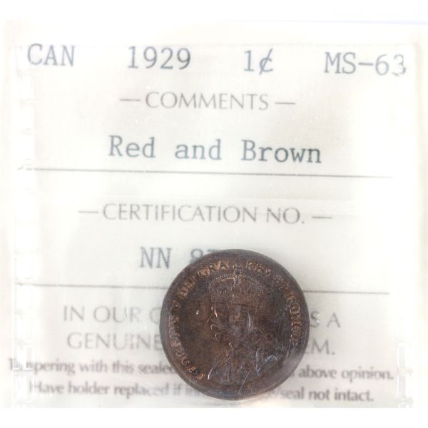 1-cent 1929 ICCS MS63 RD & BN 