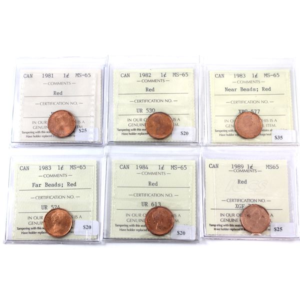1-cent 1981-1989 ICCS MS65 Red 5pcs. 