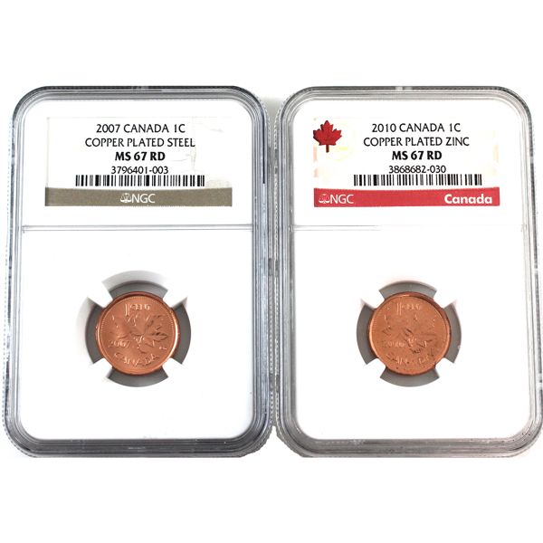 1-cent 2007 Copper Plated Steel & 2010 Copper Plated Zinc NGC MS67 Red. 2pcs
