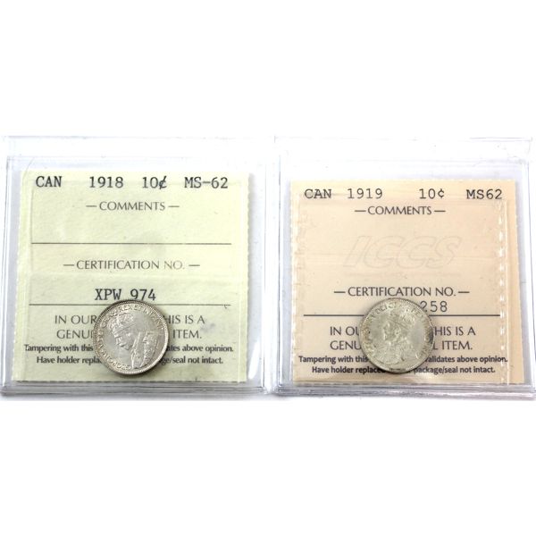10-cent 1918 & 1919 ICCS MS62. 2pcs 