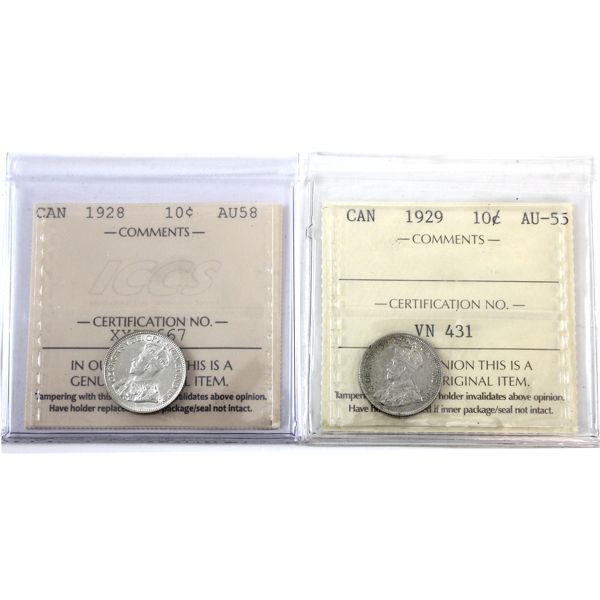 10-cent 1928 AU58 & 1929 AU55 ICCS. 2 pcs. 