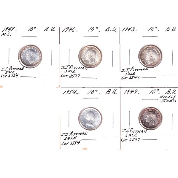 10-cent 1943, 1946, 1947, 1949 & 1954 BU. (Toning) 5pcs. 