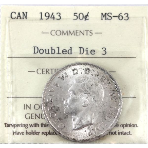 50-cent 1943 Doubled Die 3 ICCS MS63 