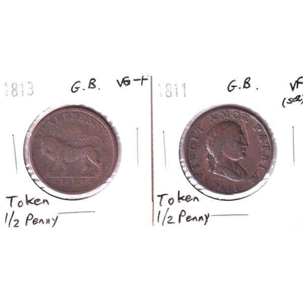 Great Britain Half Penny Tokens - 1811 VF (Scratched) & 1813 VG-F. 2pcs