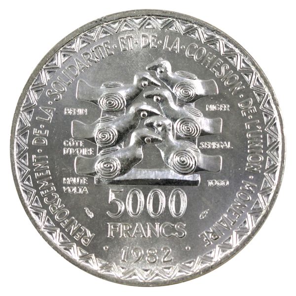 West African States Silver 1982 20th Anniversary of Monetary Union 5000 Francs BU