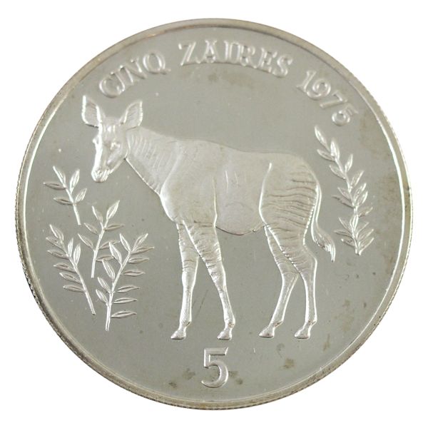 Zaire 1975 5 Zaires Proof Sterling Silver Okapi Conservation Coin (Lightly scratched)