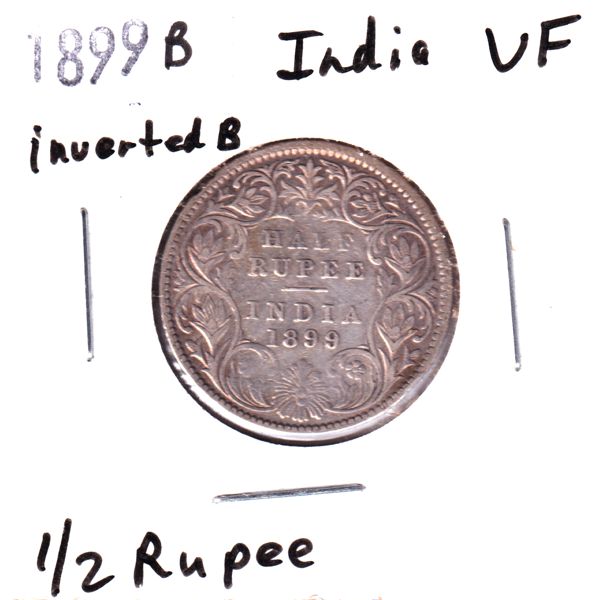 India Silver 1899B Victoria Inverted B, Bombay Mint, 1/2 Rupee Very Fine. Soft Lavender Hues