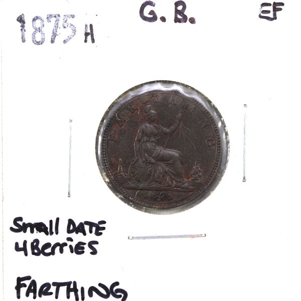 Great Britain 1875H Victoria Farthing Small Date, 4 Berries Extra Fine. Elegant Wine-Red Tone