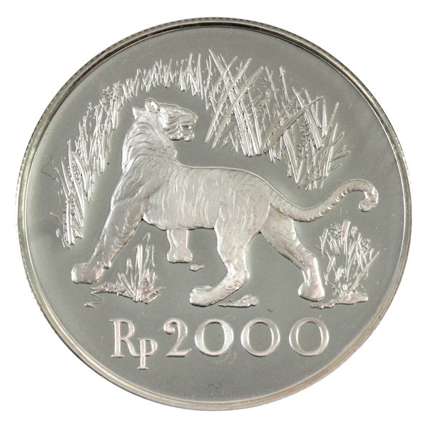 Indonesia Silver 1974 2000 Rupiah 'Javan Tiger' Proof. Part of the WWF Wildlife Conservation Series