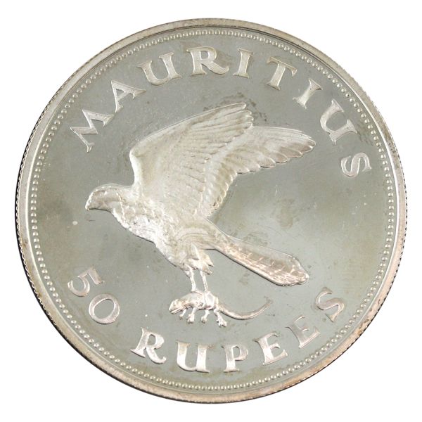Mauritius Silver 1975 50 Rupees 'Mauritius Kestrel' Proof. From the WWF Wildlife Conservation Series